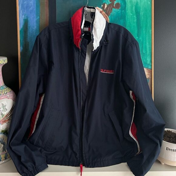 Y2K Tommy Hilfiger Men's Windbreaker in Navy with Red and White Accents M - Picture 1 of 16